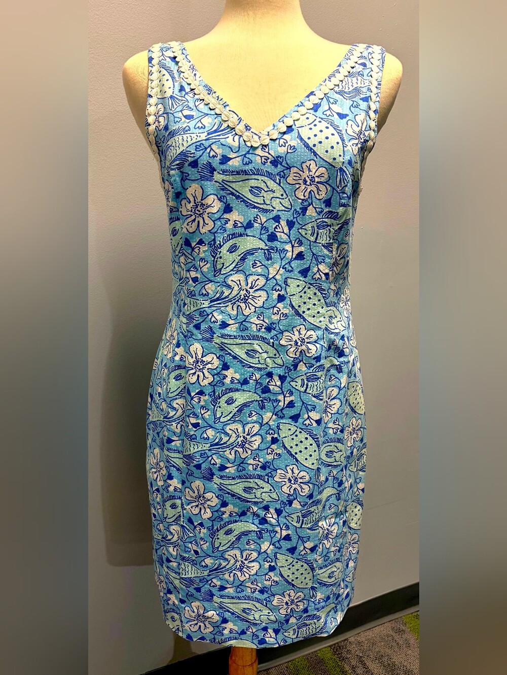 🐟 Vintage Lilly Pulitzer Fish & Floral Motif 100% Cotton Midi Dress